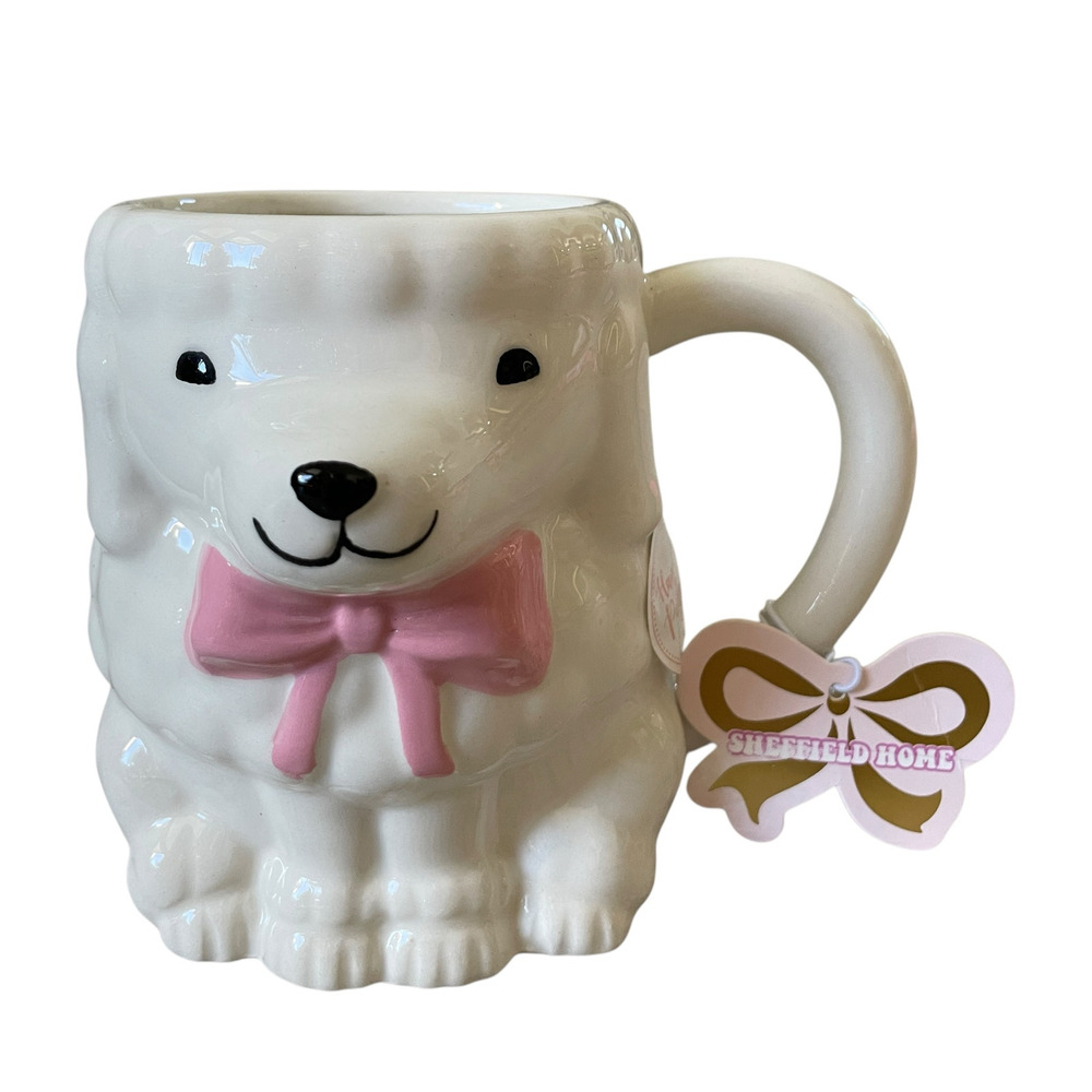 Hand Painted White Poodle With Pink Bow Coffee Mug Tea Cup Ceramic New